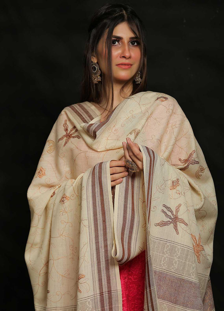 Sanaulla Exclusive Range Embroidered Pashmina  Shawl Off White D-06 - Pashmina Shawls