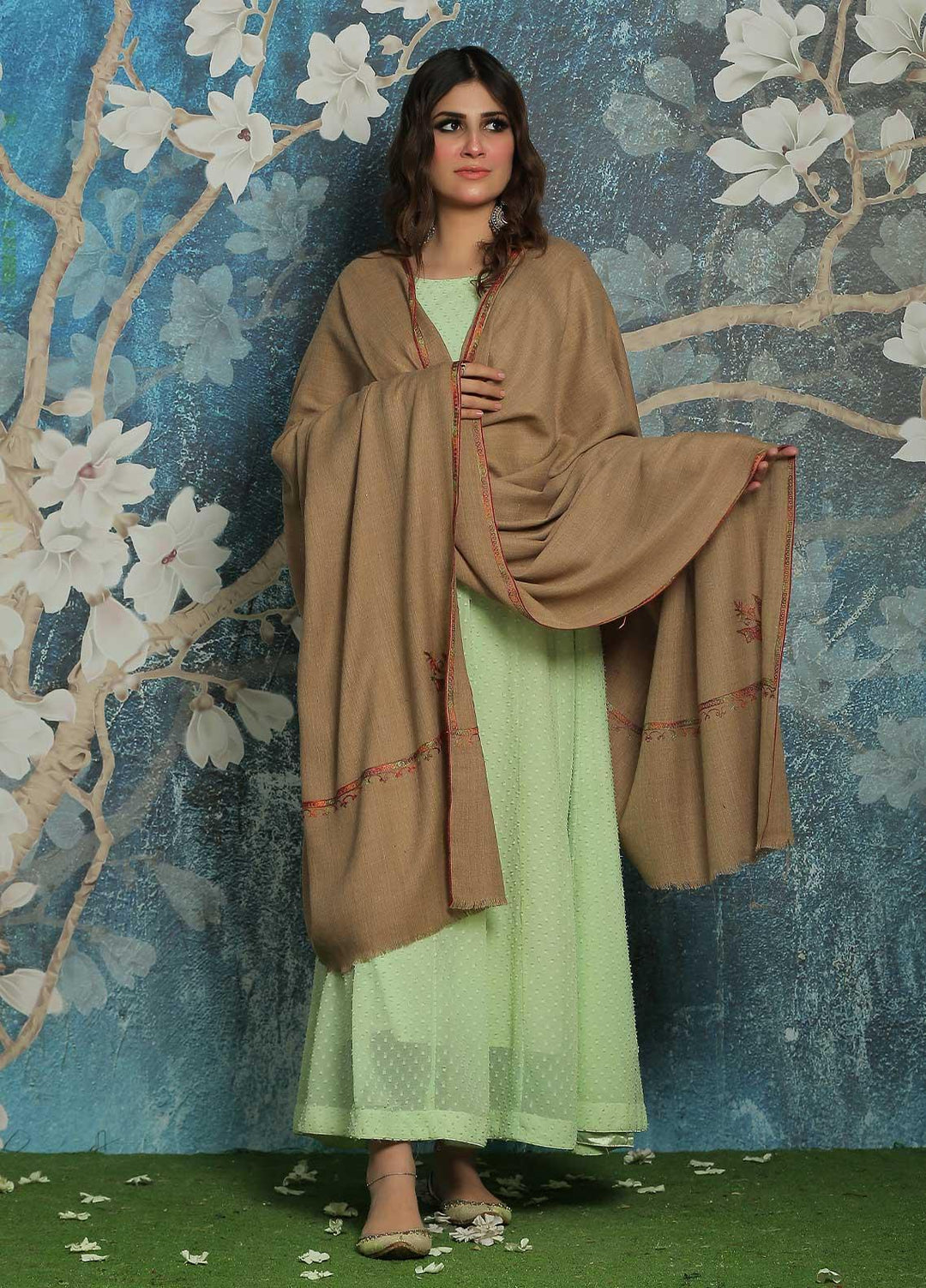 Sanaulla Exclusive Range  Pashmina  Shawl SU21PP MIR-06 Brown - Pure Pashmina Shawls