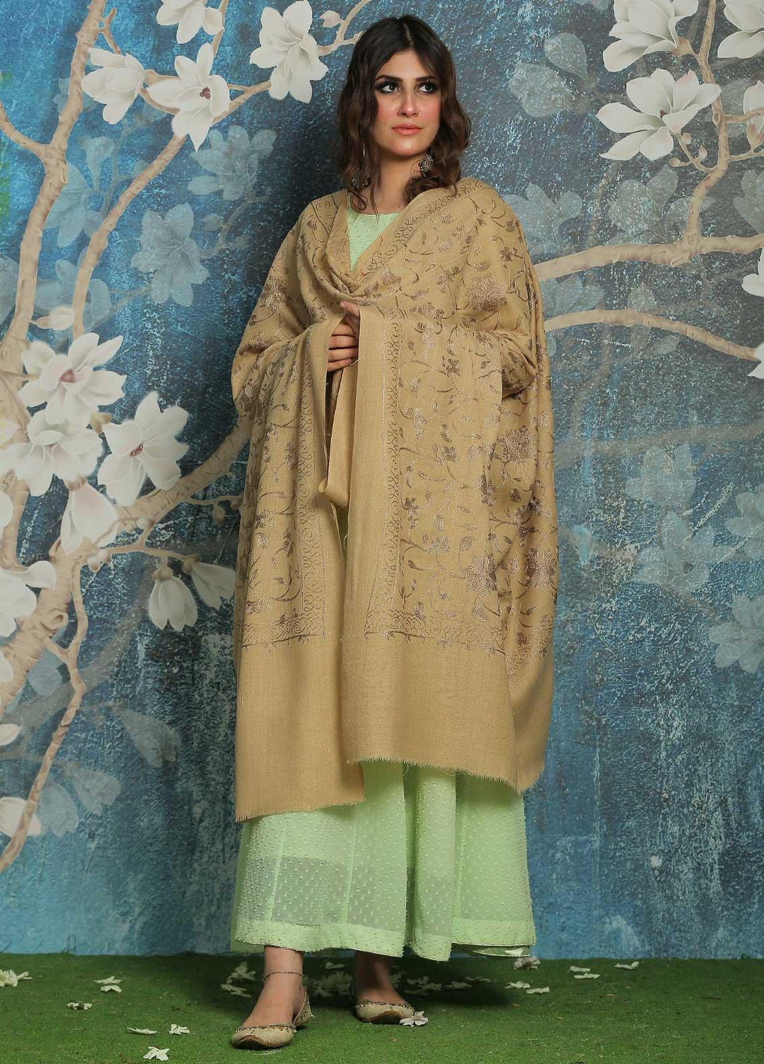 Sanaulla Exclusive Range  Pashmina  Shawl SU21PP MIR-13 Fawn - Pure Pashmina Shawls