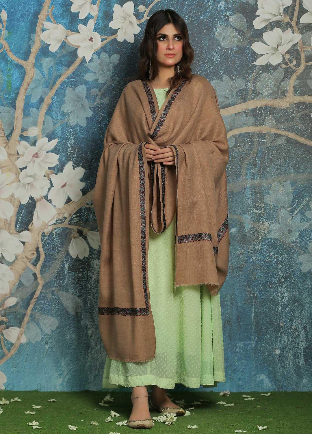 Sanaulla Exclusive Range  Pashmina  Shawl SU21PP AKP-07 Fawn-1 - Pure Pashmina Shawls