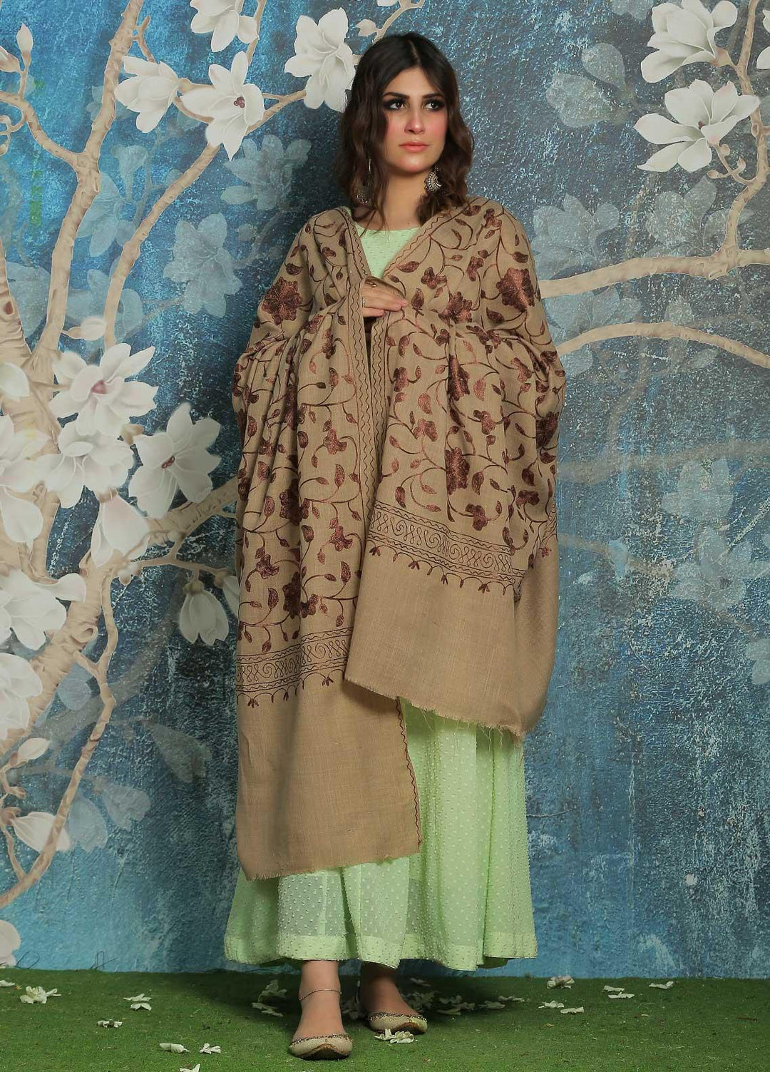 Sanaulla Exclusive Range  Pashmina  Shawl SU21PP AKP-10 Brown-4 - Pure Pashmina Shawls