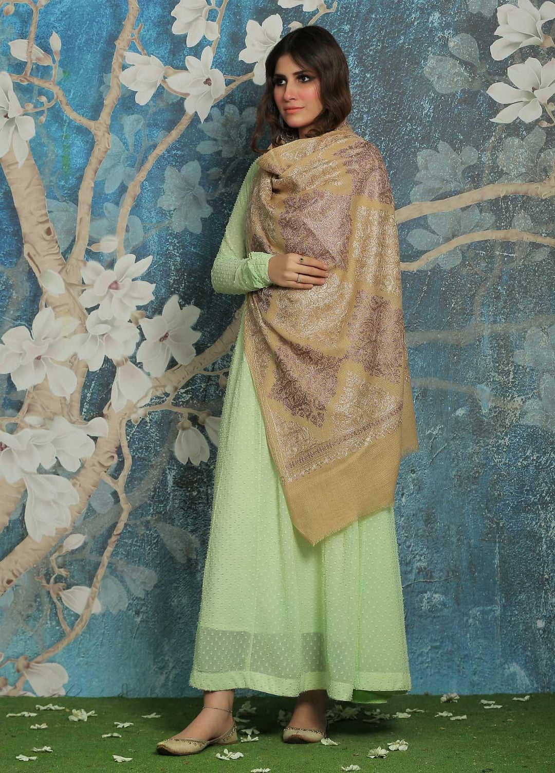 Sanaulla Exclusive Range  Pashmina  Shawl SU21PP AKP-23 Fawn-7 - Pure Pashmina Shawls