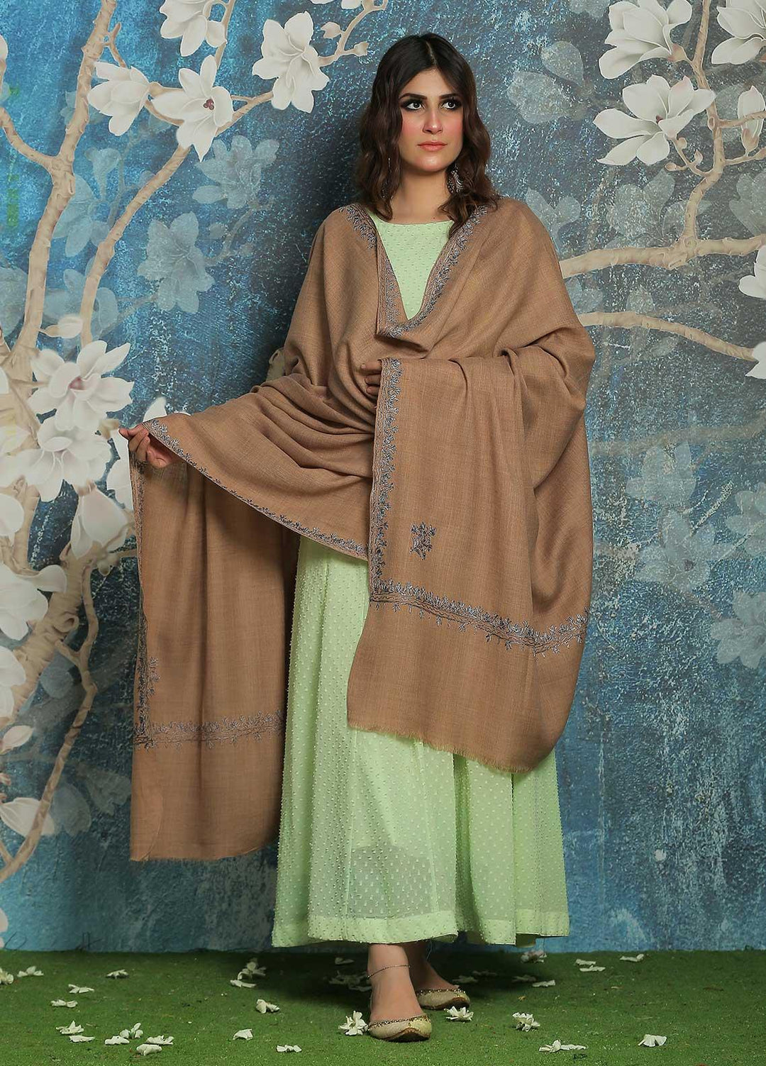 Sanaulla Exclusive Range  Pashmina  Shawl SU21PP AKP-39 Brown-3 - Pure Pashmina Shawls