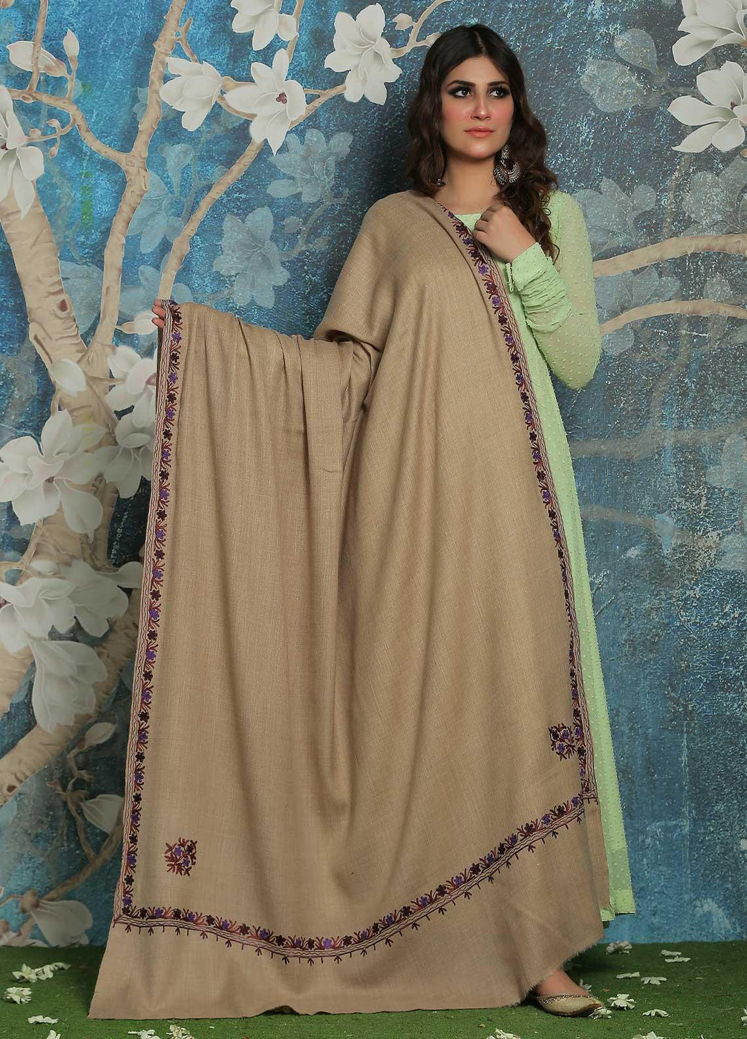 Sanaulla Exclusive Range  Pashmina  Shawl SU21PP AKP-39 Beige-2 - Pure Pashmina Shawls