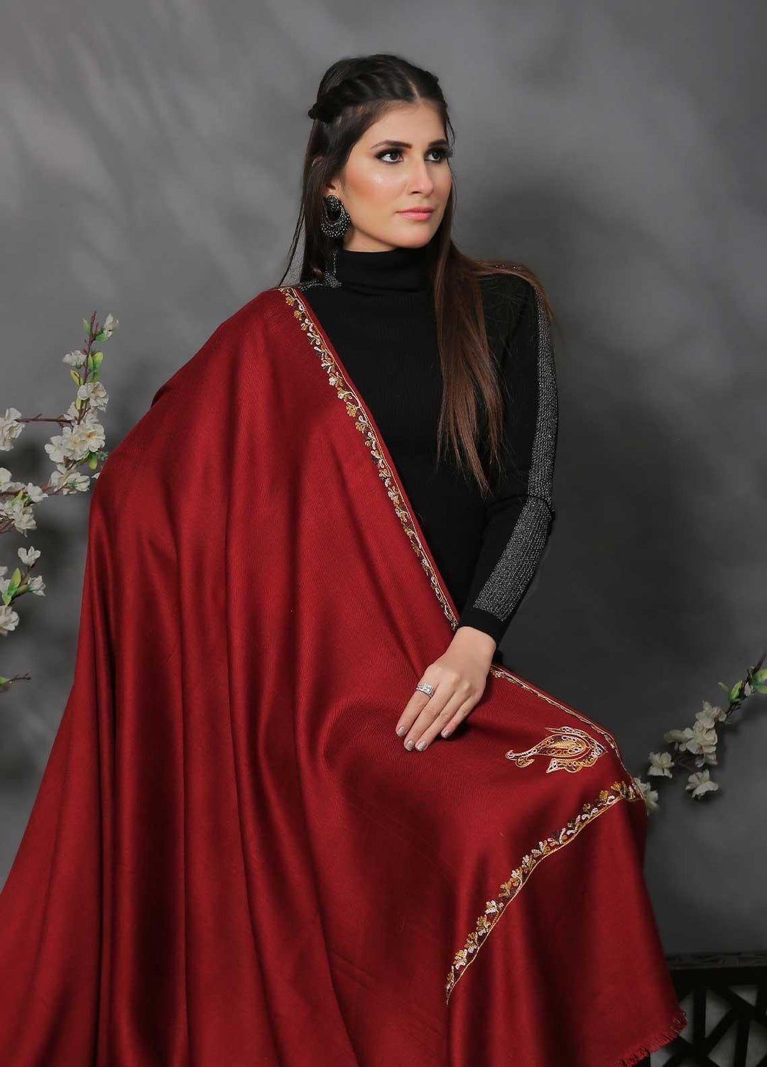 Sanaulla Exclusive Range Pashmina Shawl SU21PP AKP-05 Red Pure Pashmina Shawls