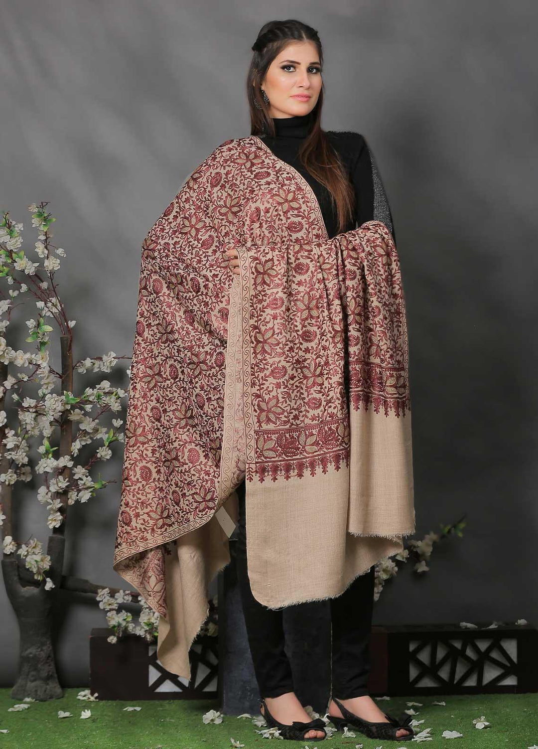 Sanaulla Exclusive Range Pashmina Shawl SU21PP AKP-24 Brown-4 Pure Pashmina Shawls