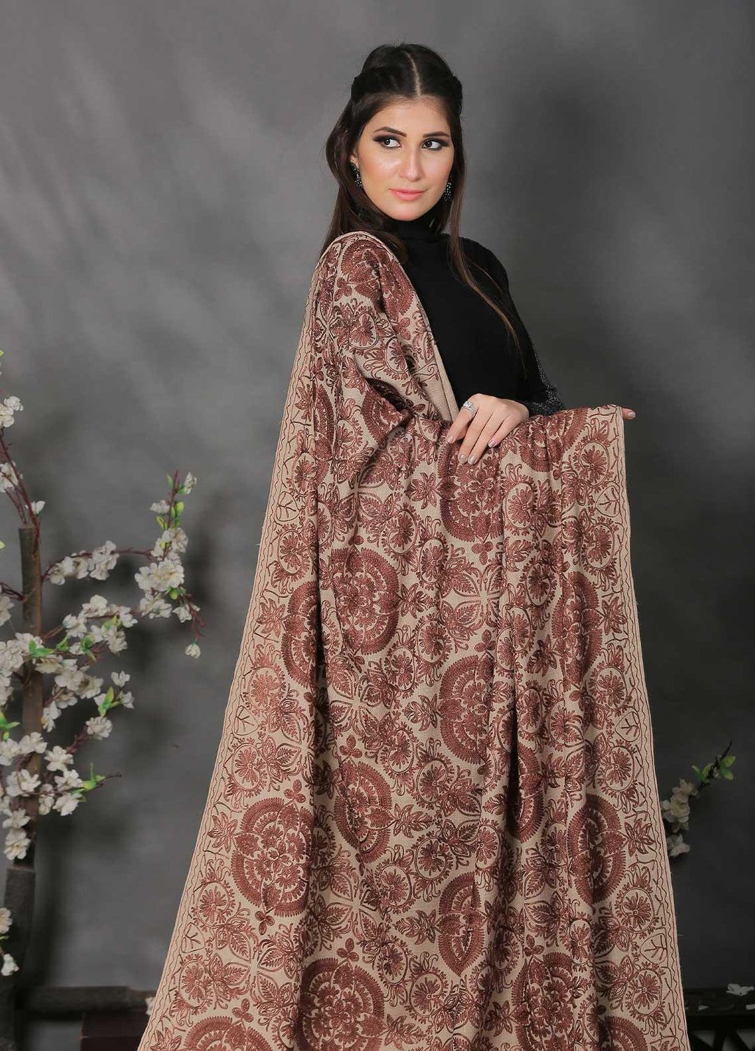 Sanaulla Exclusive Range Pashmina Shawl SU21PP AKP-25 Brown-1 Pure Pashmina Shawls