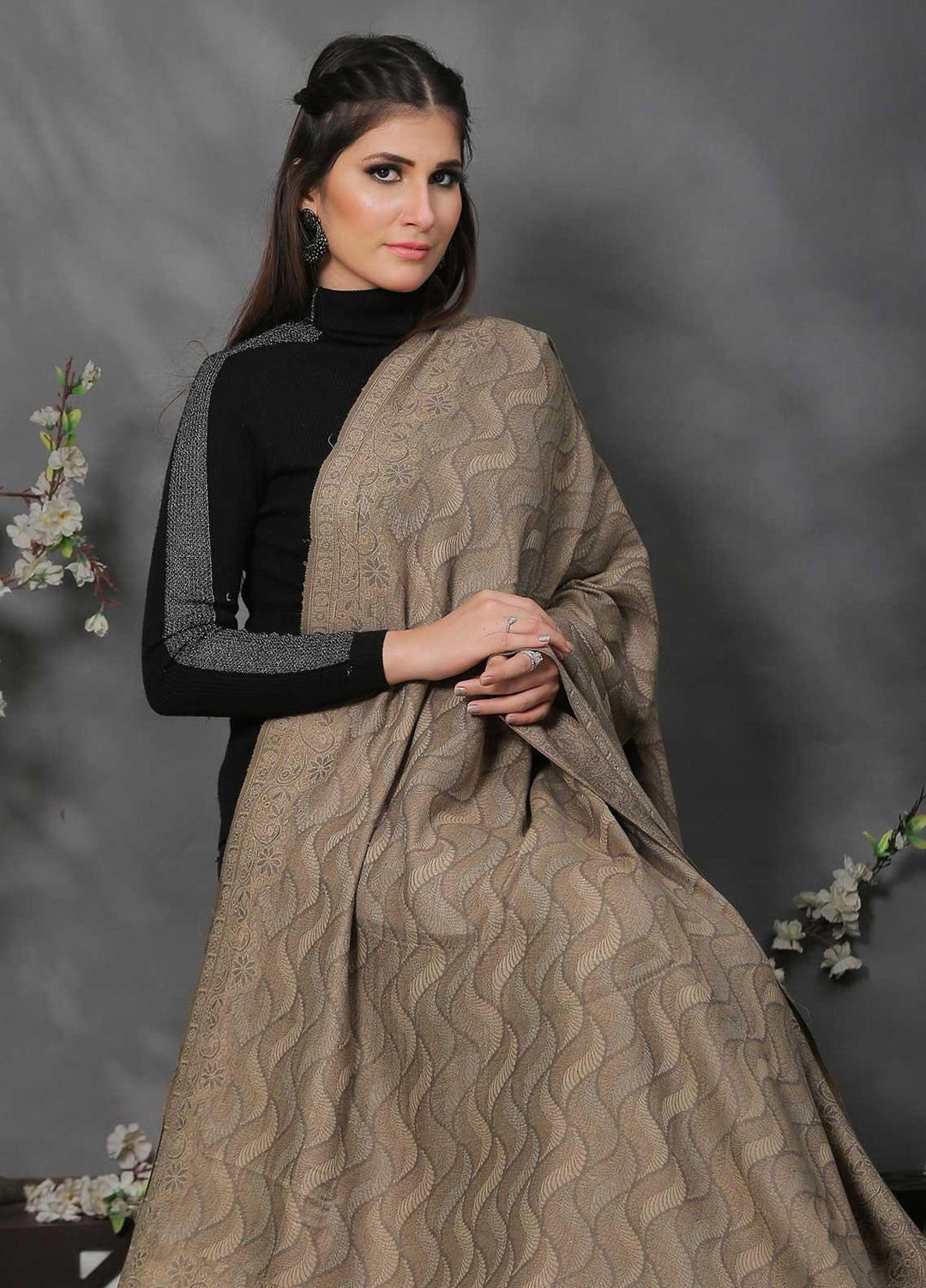 Sanaulla Exclusive Range Pashmina Shawl SU21PP AKP-50 D Brown-6 Pure Pashmina Shawls