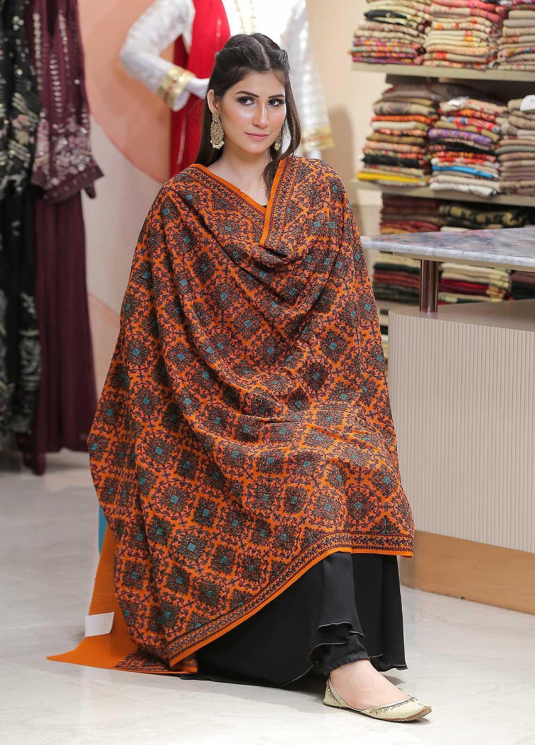 Sanaulla Exclusive Range Pashmina Shawl SU21PP MIR-45 Orange Pure Pashmina Shawls