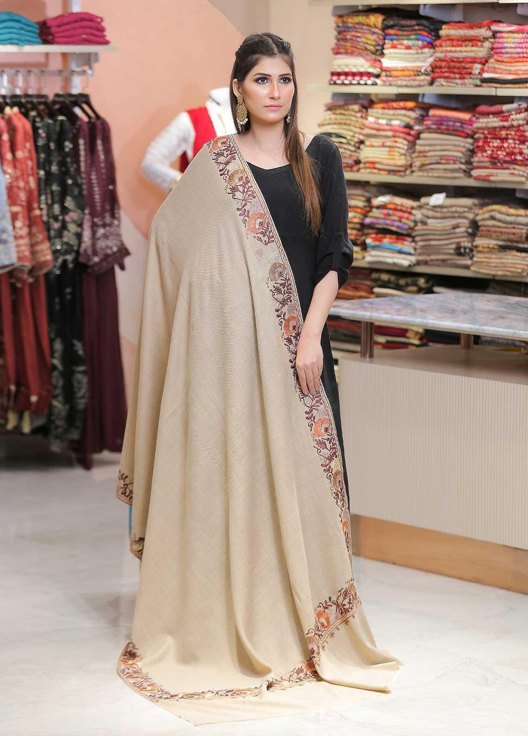 Sanaulla Exclusive Range Pashmina Shawl SU21PP AKP-12 Beige-5 Pure Pashmina Shawls