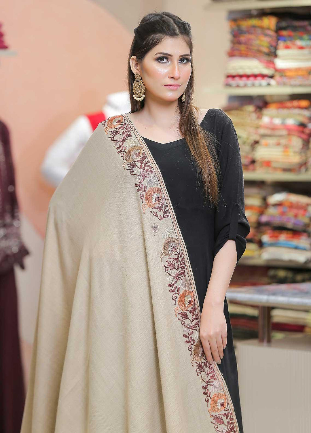 Sanaulla Exclusive Range Pashmina Shawl SU21PP AKP-12 Beige-5 Pure Pashmina Shawls