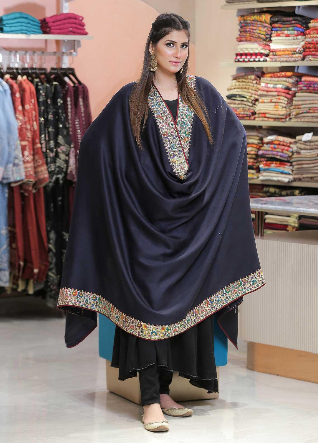 Sanaulla Exclusive Range Pashmina Shawl SU21PP AKP-48 N Blue Pure Pashmina Shawls