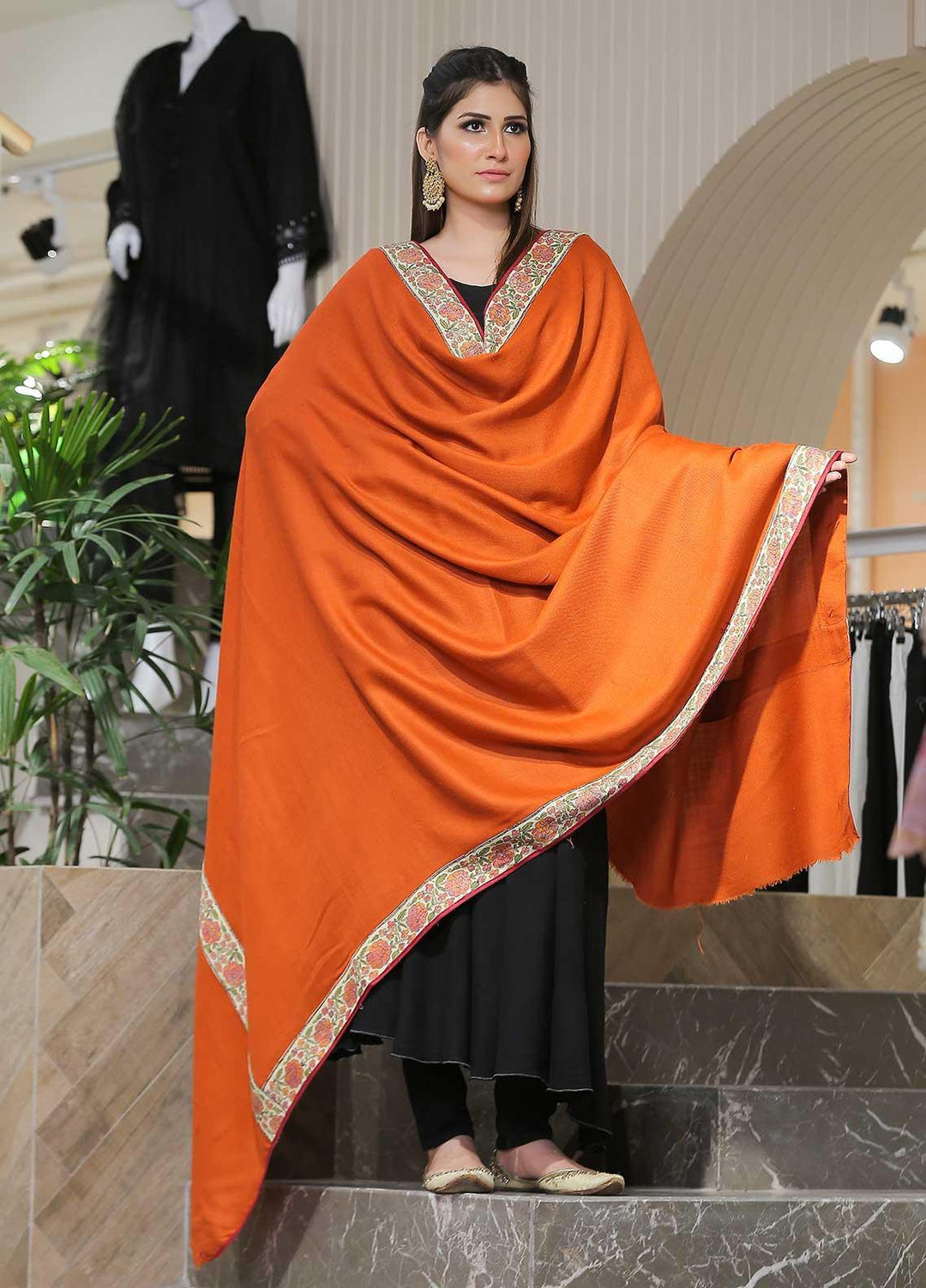 Sanaulla Exclusive Range Pashmina Shawl SU21PP AKP-48 Orange Pure Pashmina Shawls