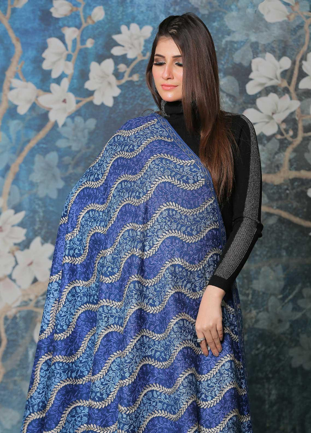 Sanaulla Exclusive Range Pashmina Shawl SU21PP AKP-31 Blue Pure Pashmina Shawls