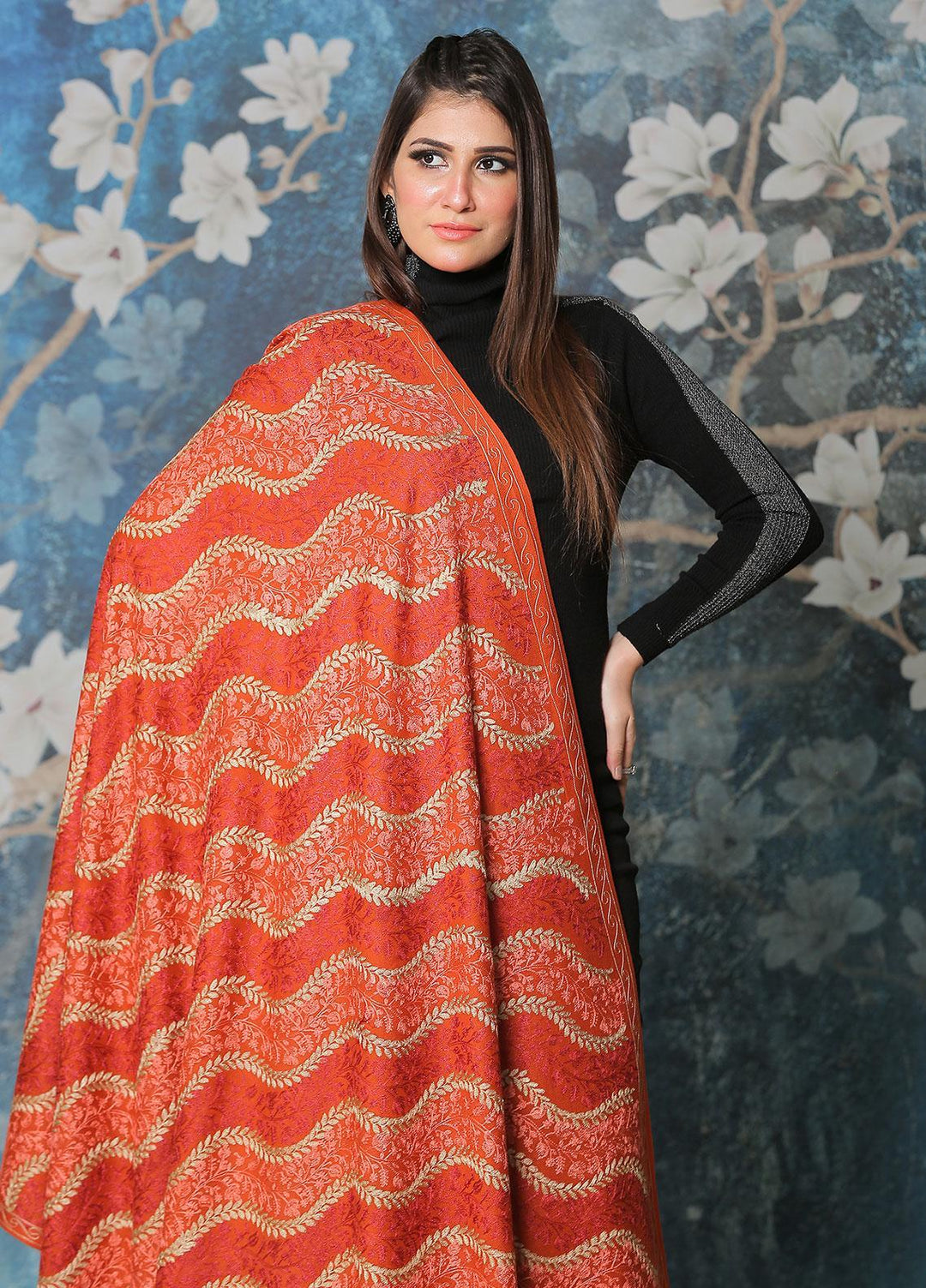 Sanaulla Exclusive Range Pashmina Shawl SU21PP AKP-31 Orange Pure Pashmina Shawls