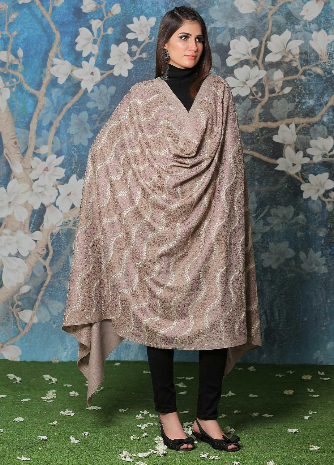 Sanaulla Exclusive Range Pashmina Shawl SU21PP AKP-31 Fawn-1 Pure Pashmina Shawls