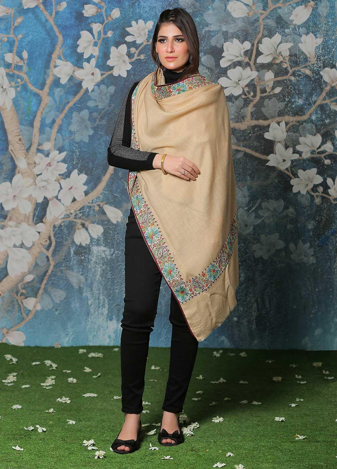 Sanaulla Exclusive Range Pashmina Shawl SU21PP AKP-49 Fawn-4 Pure Pashmina Shawls