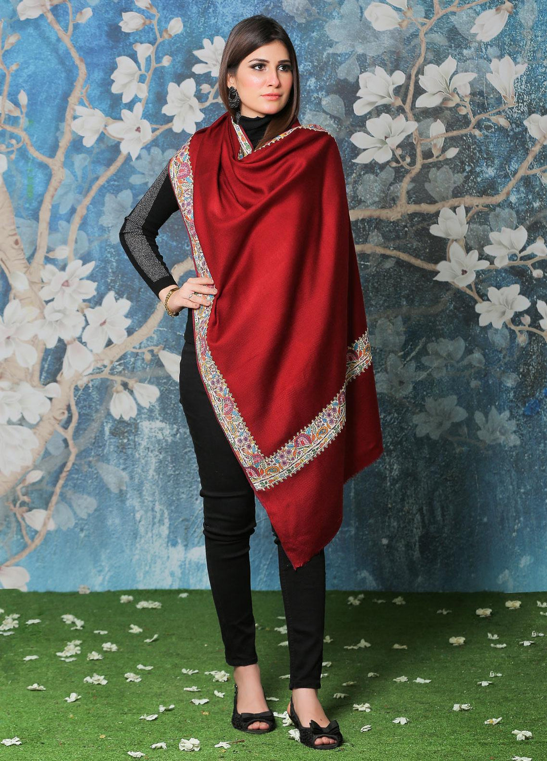 Sanaulla Exclusive Range Pashmina Shawl SU21PP AKP-49 Maroon Pure Pashmina Shawls