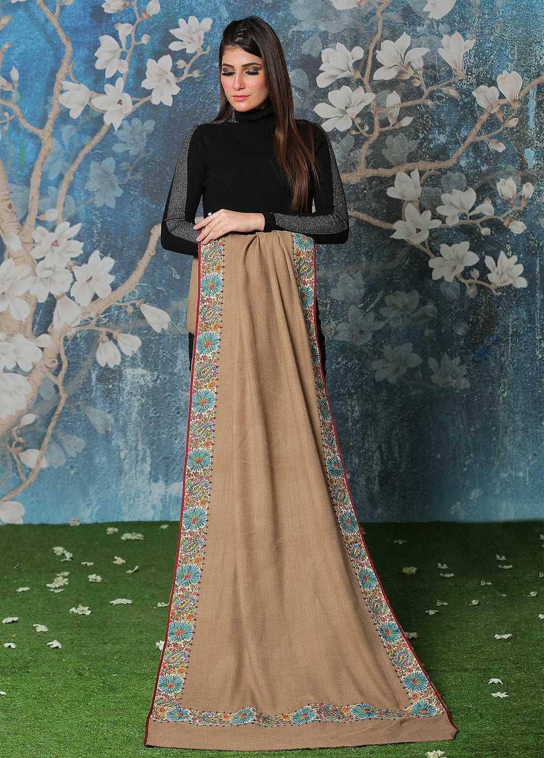 Sanaulla Exclusive Range Pashmina Shawl SU21PP AKP-49 Brown-4 Pure Pashmina Shawls