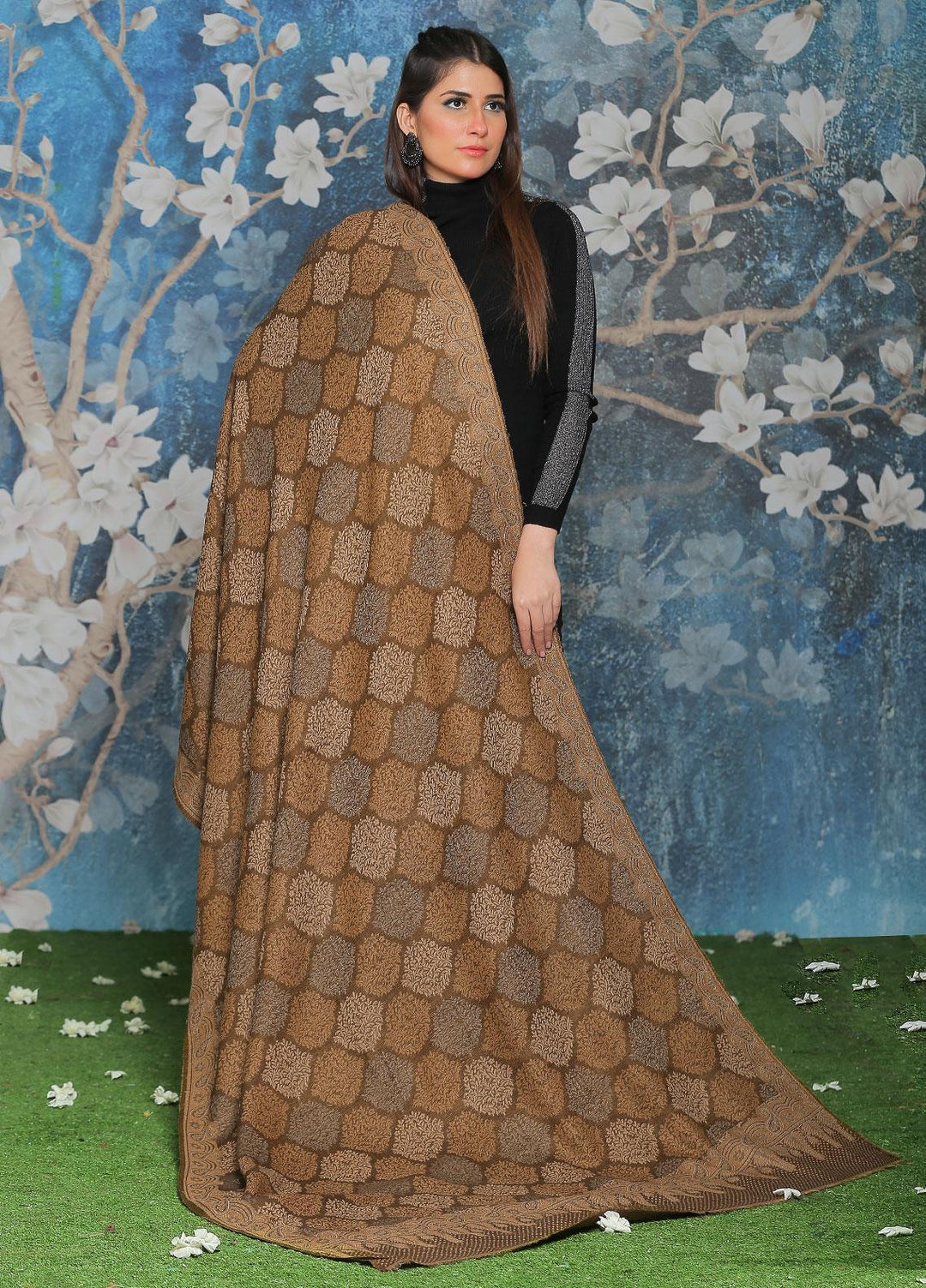 Sanaulla Exclusive Range Pashmina Shawl SU21PP AKP-50 Brown-9 Pure Pashmina Shawls