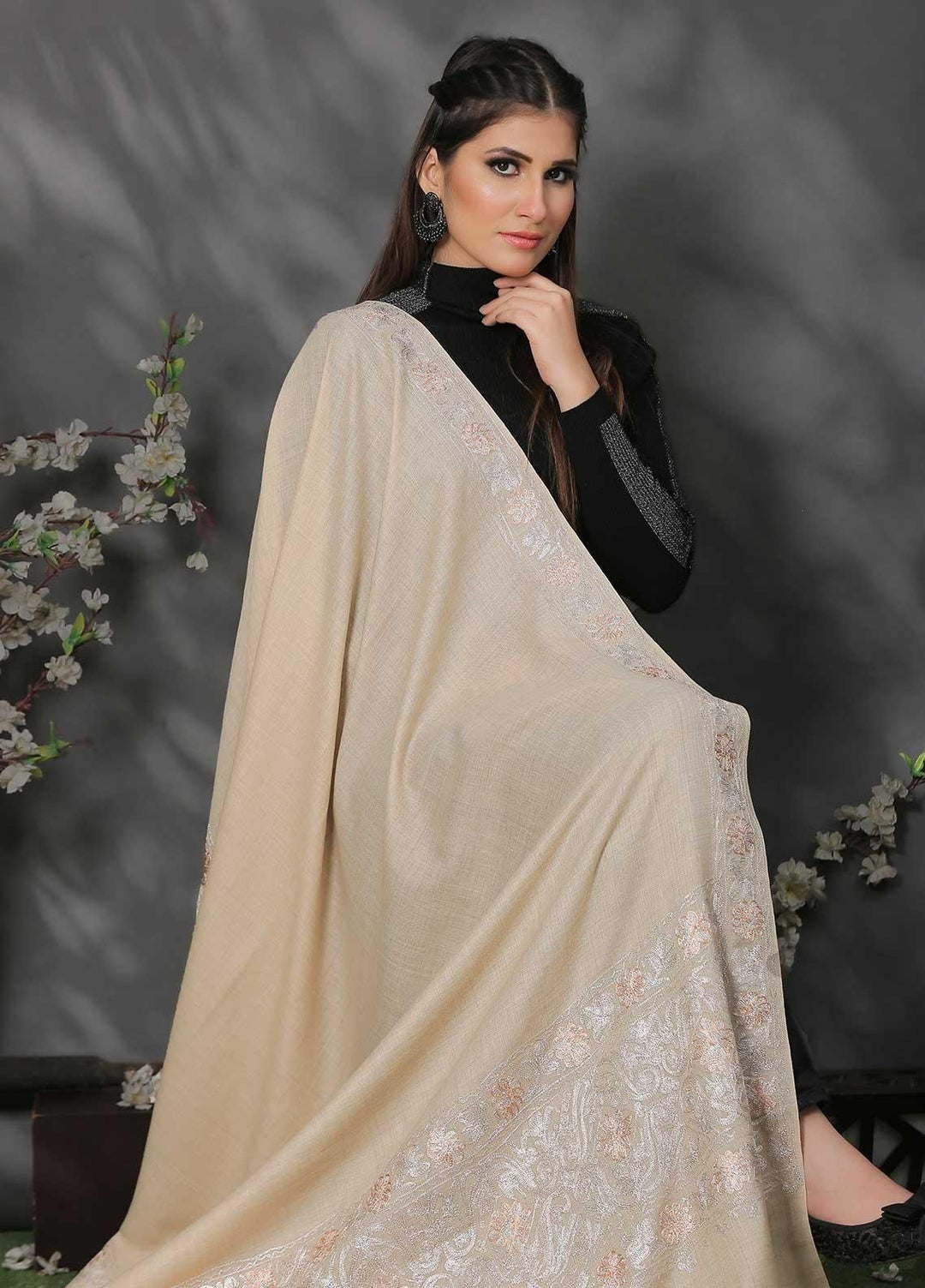 Sanaulla Exclusive Range Pashmina Shawl SU21PP MIR-522-Fawn1 Pure Pashmina Shawls