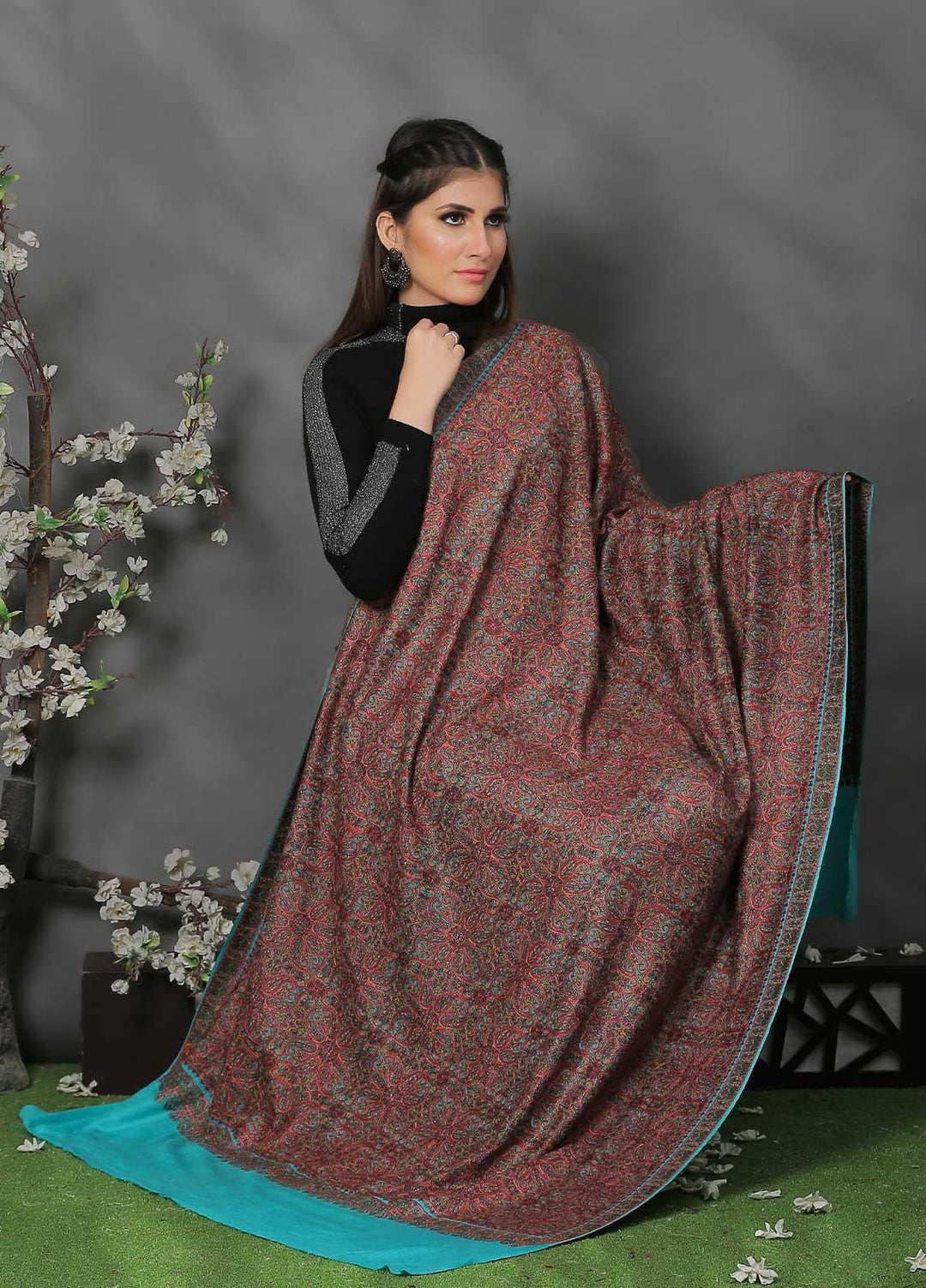Sanaulla Exclusive Range Pashmina Shawl SU21PP MIR-45 Ferozi 2 Pure Pashmina Shawls
