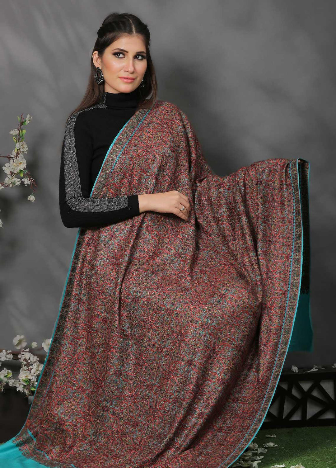 Sanaulla Exclusive Range Pashmina Shawl SU21PP MIR-45 Ferozi 2 Pure Pashmina Shawls