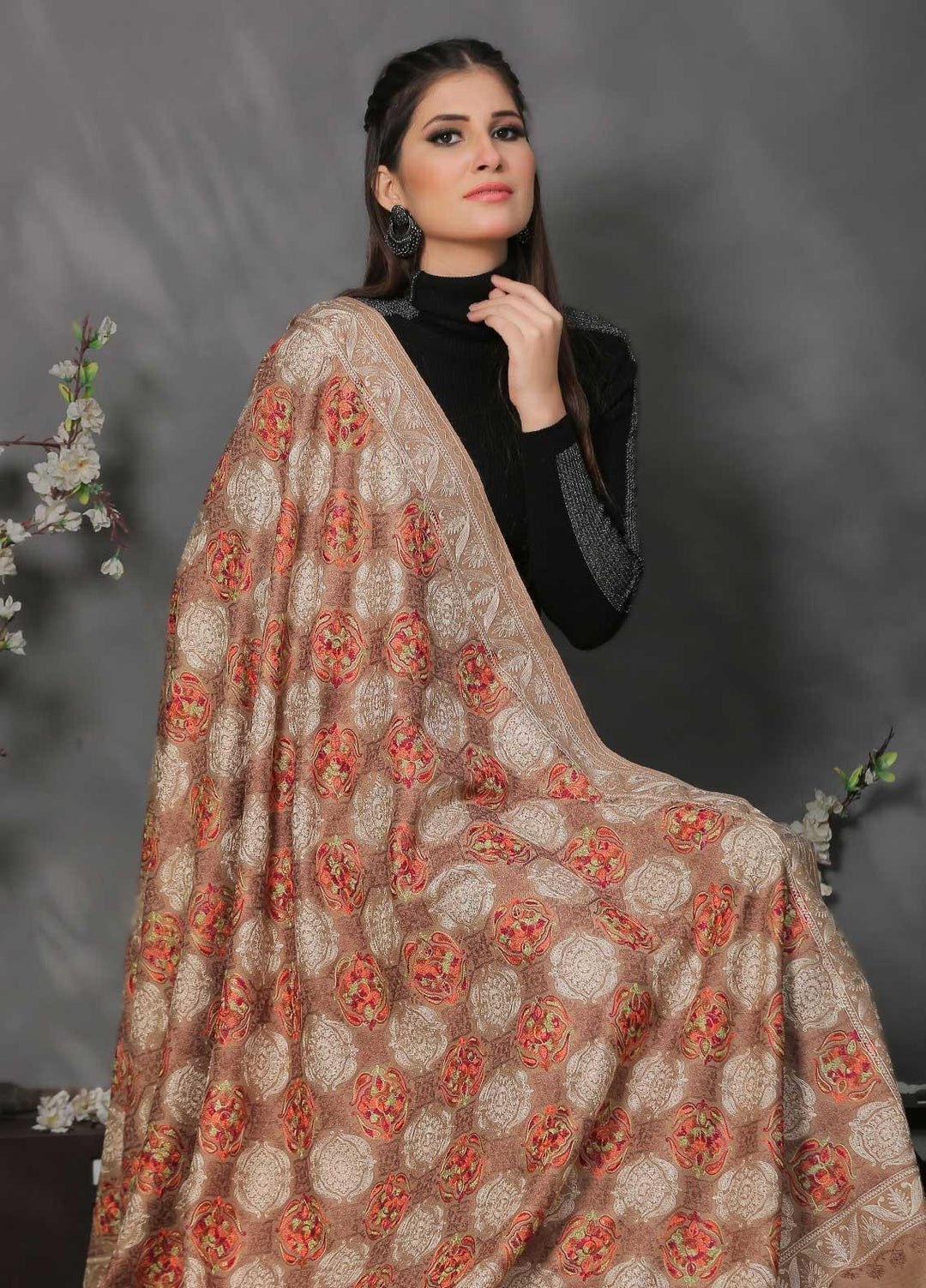 Sanaulla Exclusive Range Pashmina Shawl SU21PP AKP-02 Brown Pure Pashmina Shawls