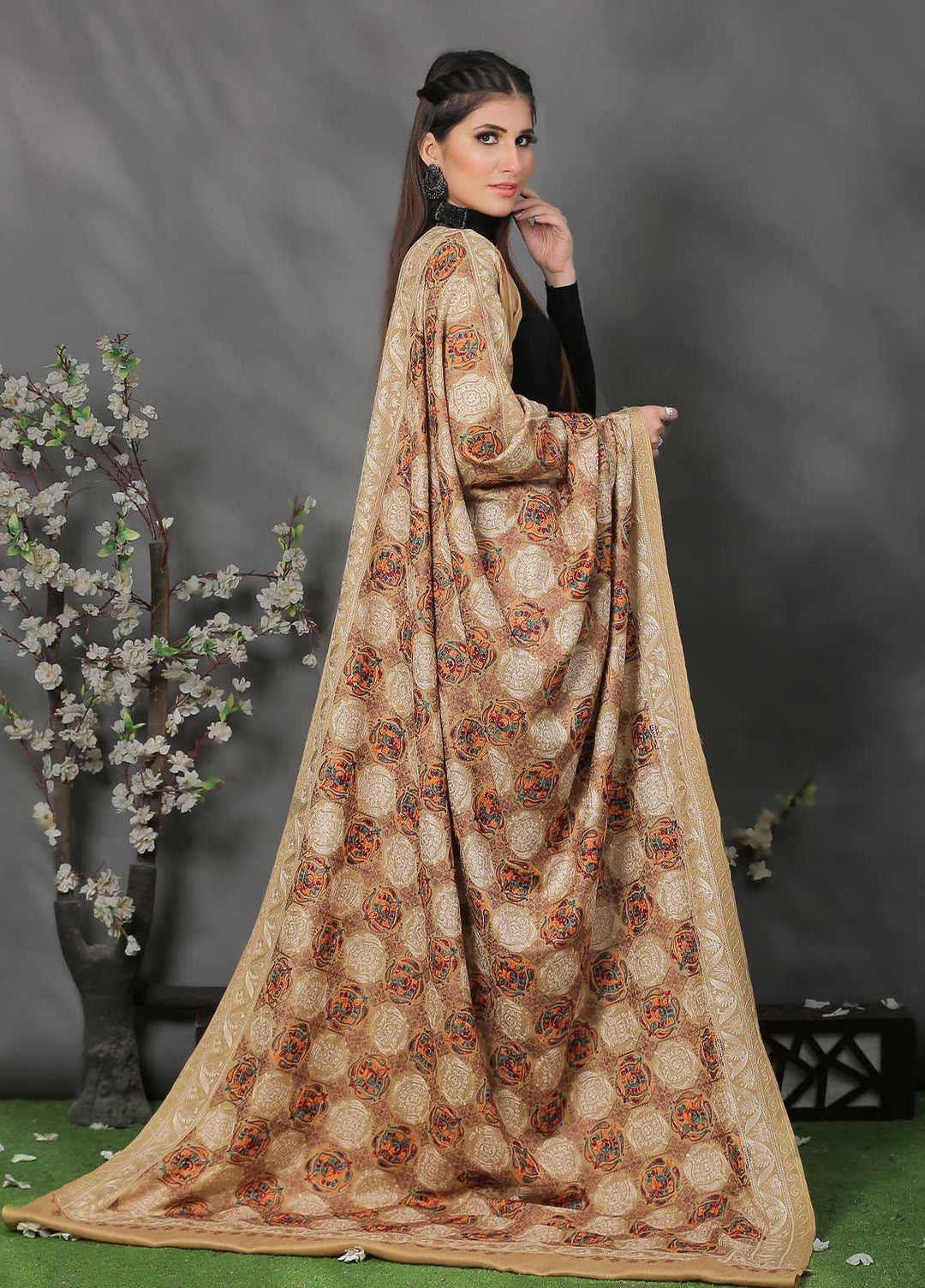 Sanaulla Exclusive Range Pashmina Shawl SU21PP AKP-02 Brown-2 Pure Pashmina Shawls