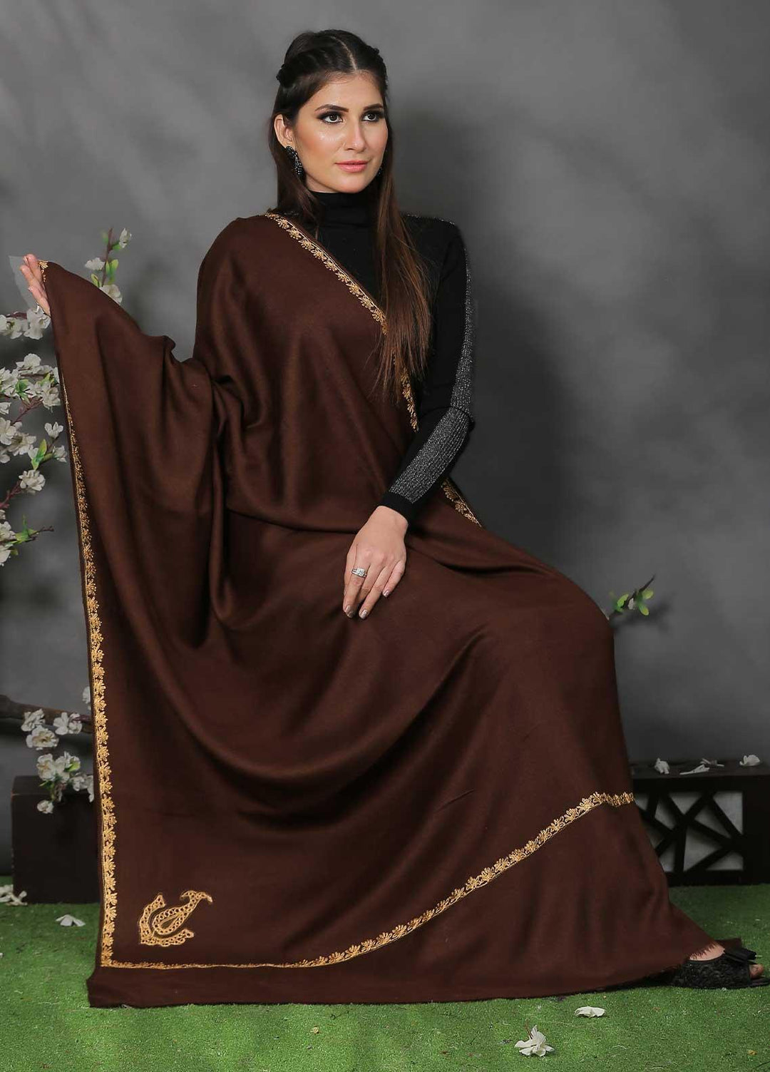 Sanaulla Exclusive Range Pashmina Shawl SU21PP AKP-05 Brown Pure Pashmina Shawls