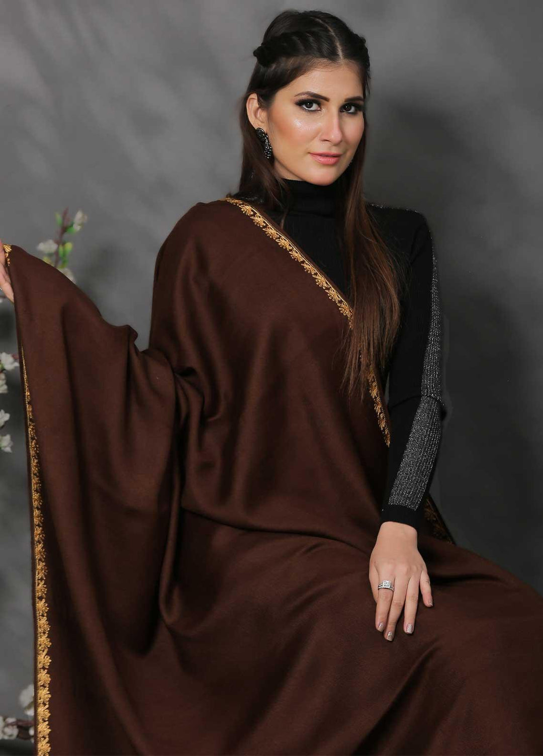Sanaulla Exclusive Range Pashmina Shawl SU21PP AKP-05 Brown Pure Pashmina Shawls