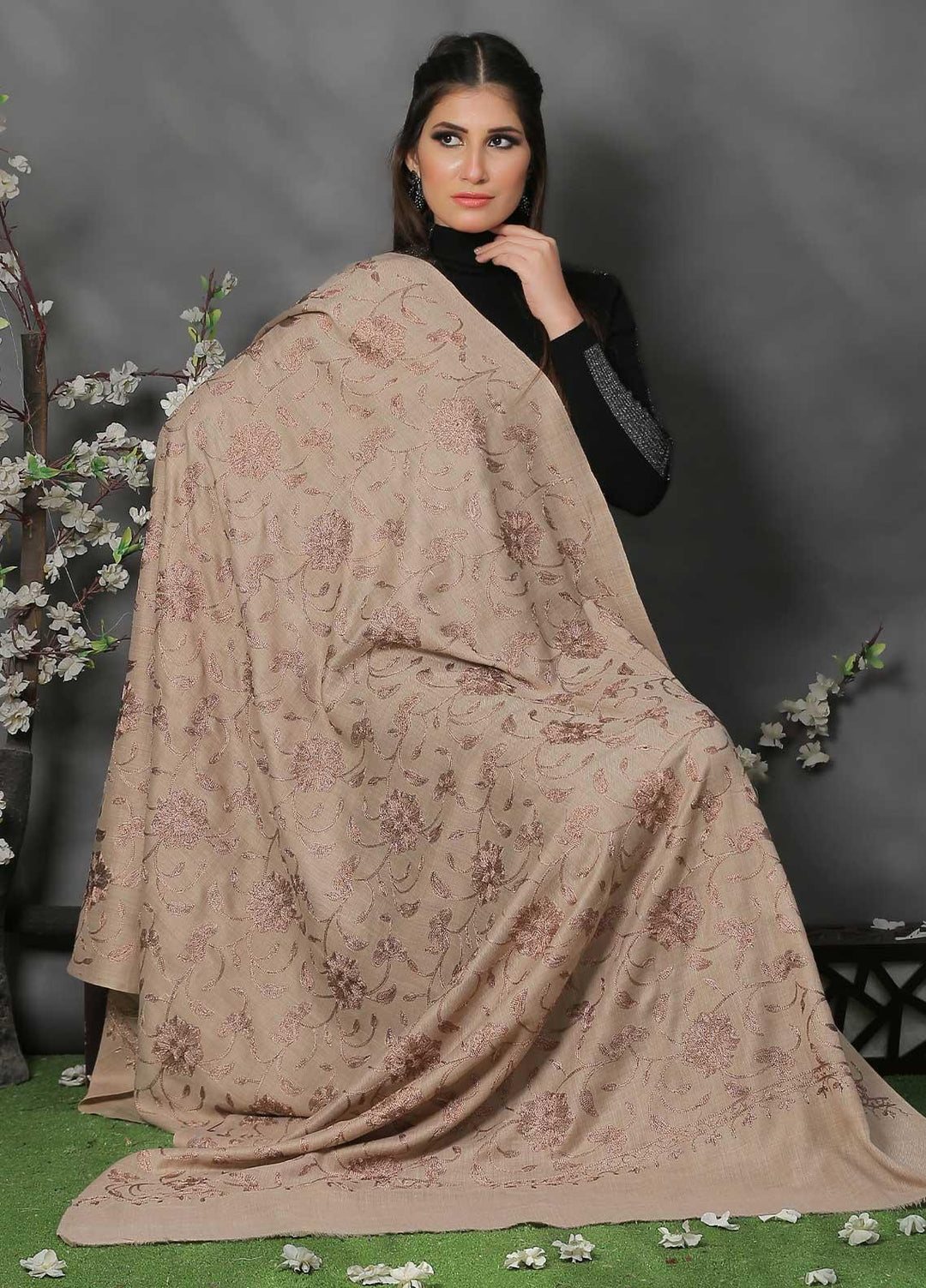 Sanaulla Exclusive Range Pashmina Shawl SU21PP AKP-10 Brown-1 Pure Pashmina Shawls