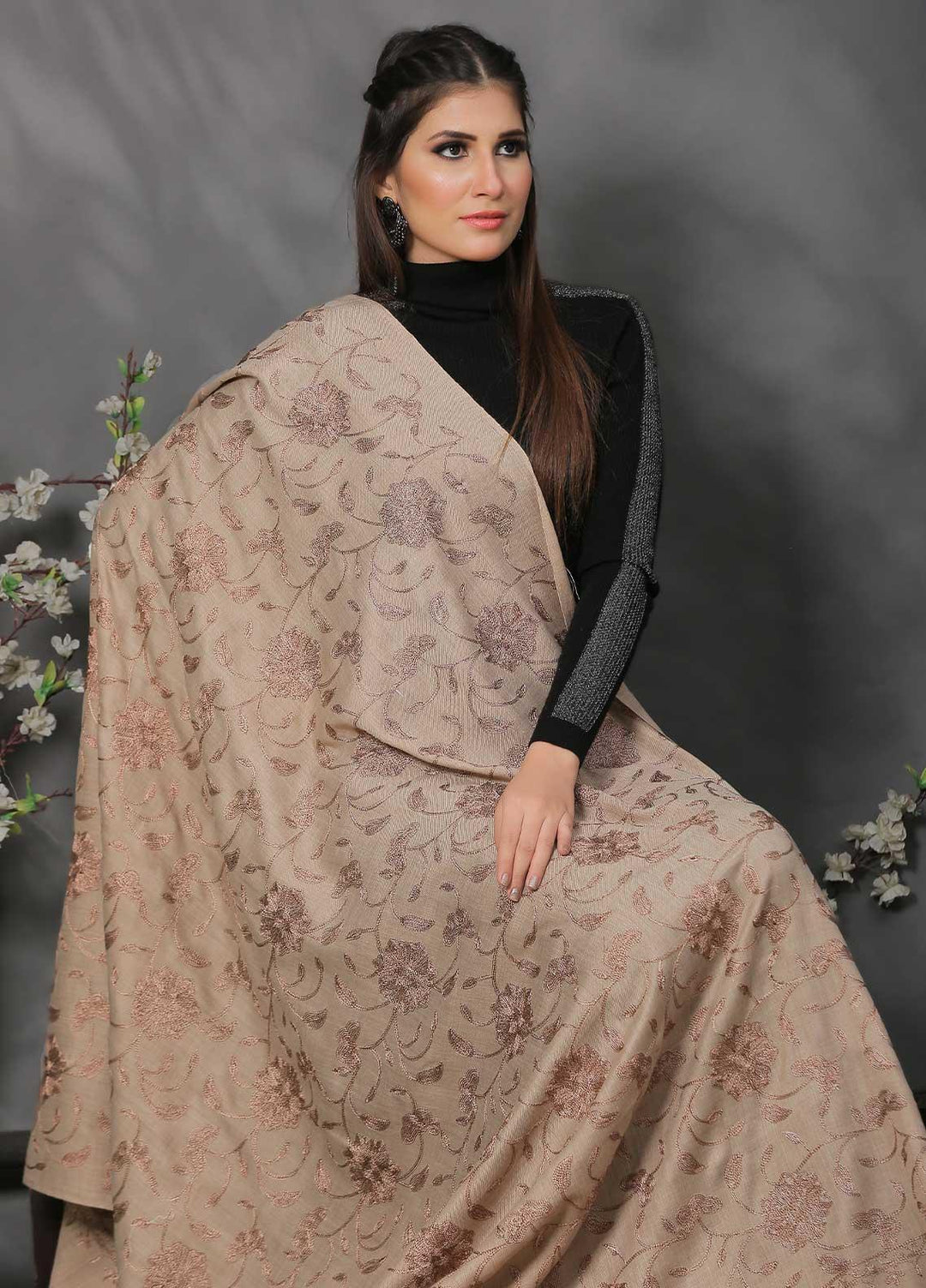Sanaulla Exclusive Range Pashmina Shawl SU21PP AKP-10 Brown-1 Pure Pashmina Shawls