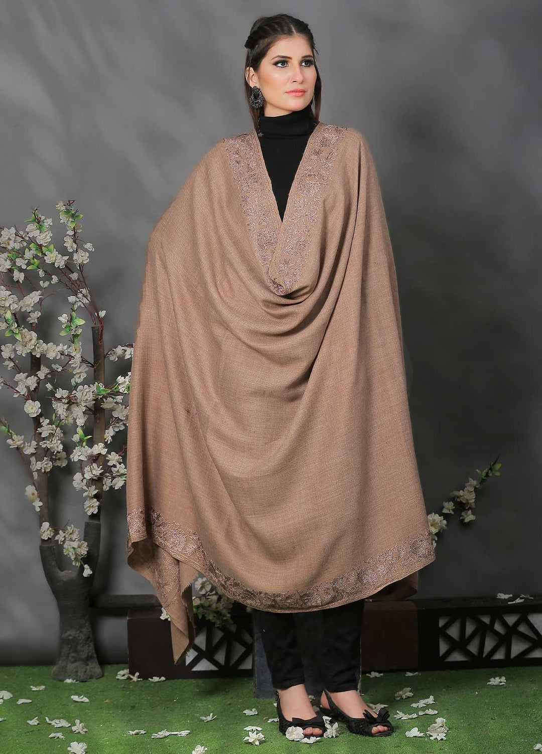 Sanaulla Exclusive Range Pashmina Shawl SU21PP AKP-12 Fawn-4 Pure Pashmina Shawls