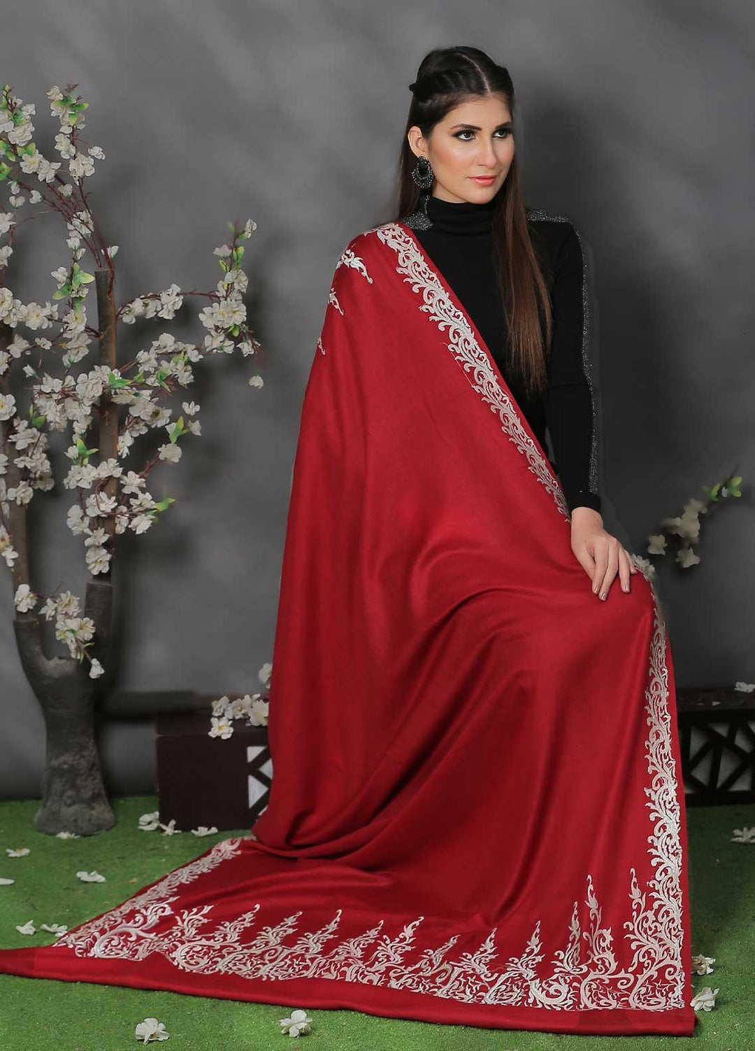 Sanaulla Exclusive Range Pashmina Shawl SU21PP AKP-20 Maroon Pure Pashmina Shawls