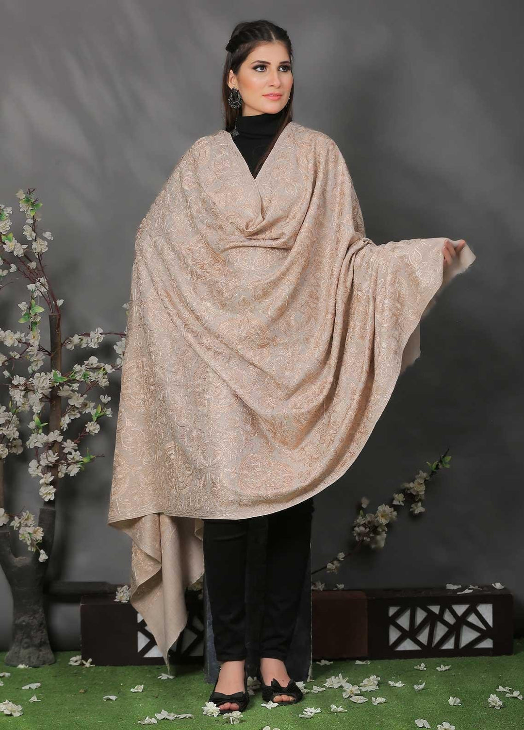 Sanaulla Exclusive Range Pashmina Shawl SU21PP AKP-25 Beige-2 Pure Pashmina Shawls