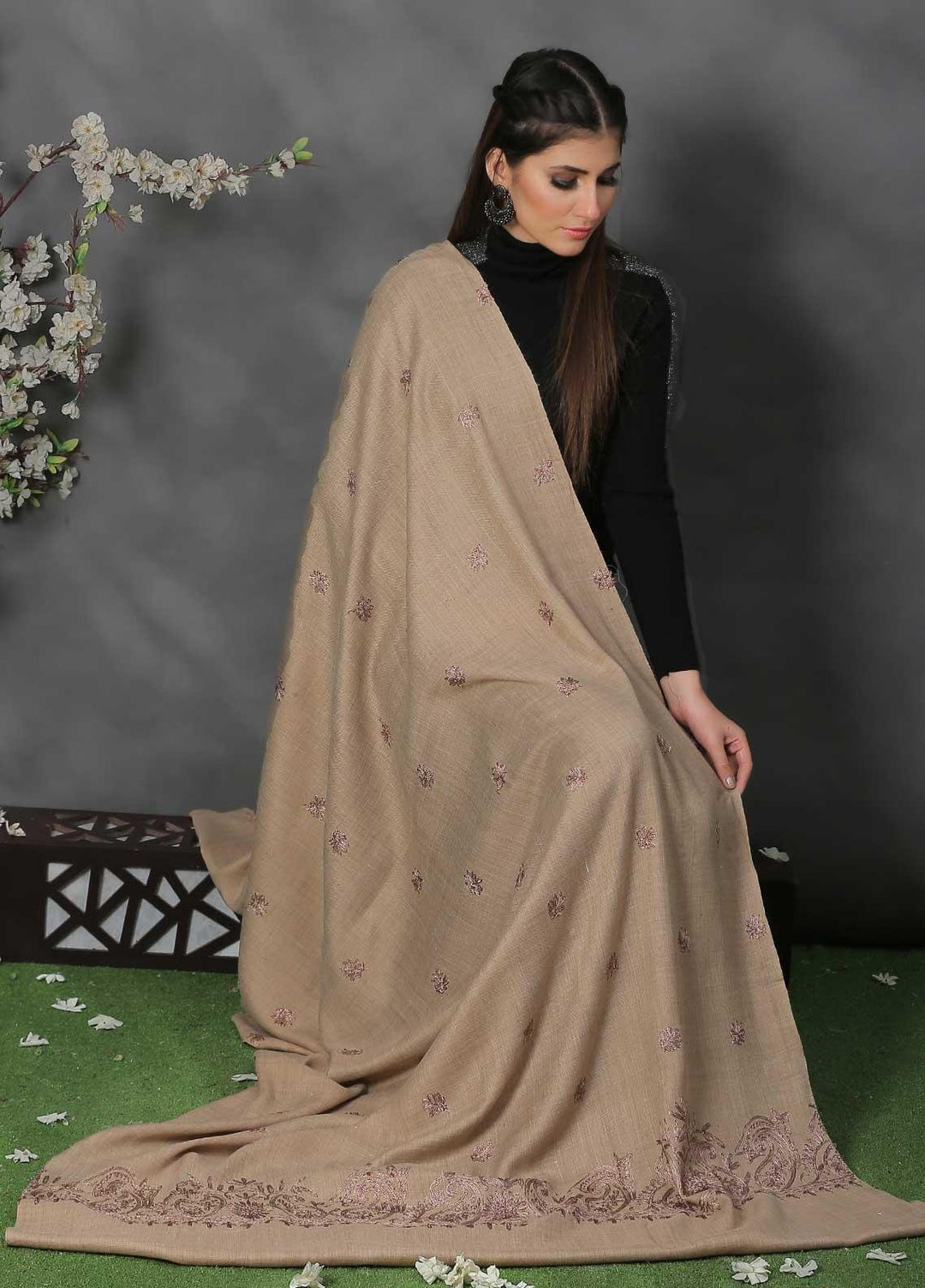 Sanaulla Exclusive Range Pashmina Shawl SU21PP AKP-38 Brown-6 Pure Pashmina Shawls