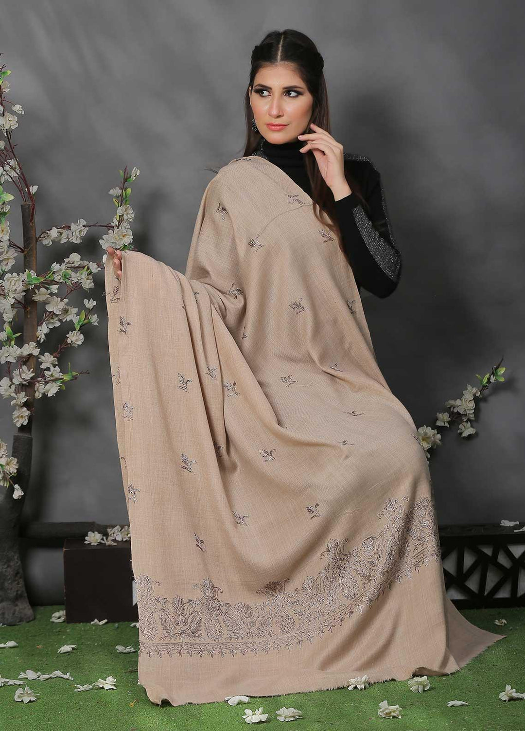Sanaulla Exclusive Range Pashmina Shawl SU21PP AKP-38 Brown-8 Pure Pashmina Shawls