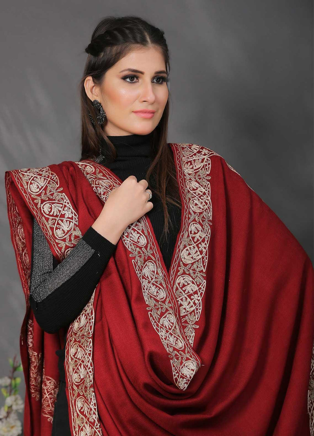 Sanaulla Exclusive Range Pashmina Shawl SU21PP AKP-42 Maroon-2 Pure Pashmina Shawls