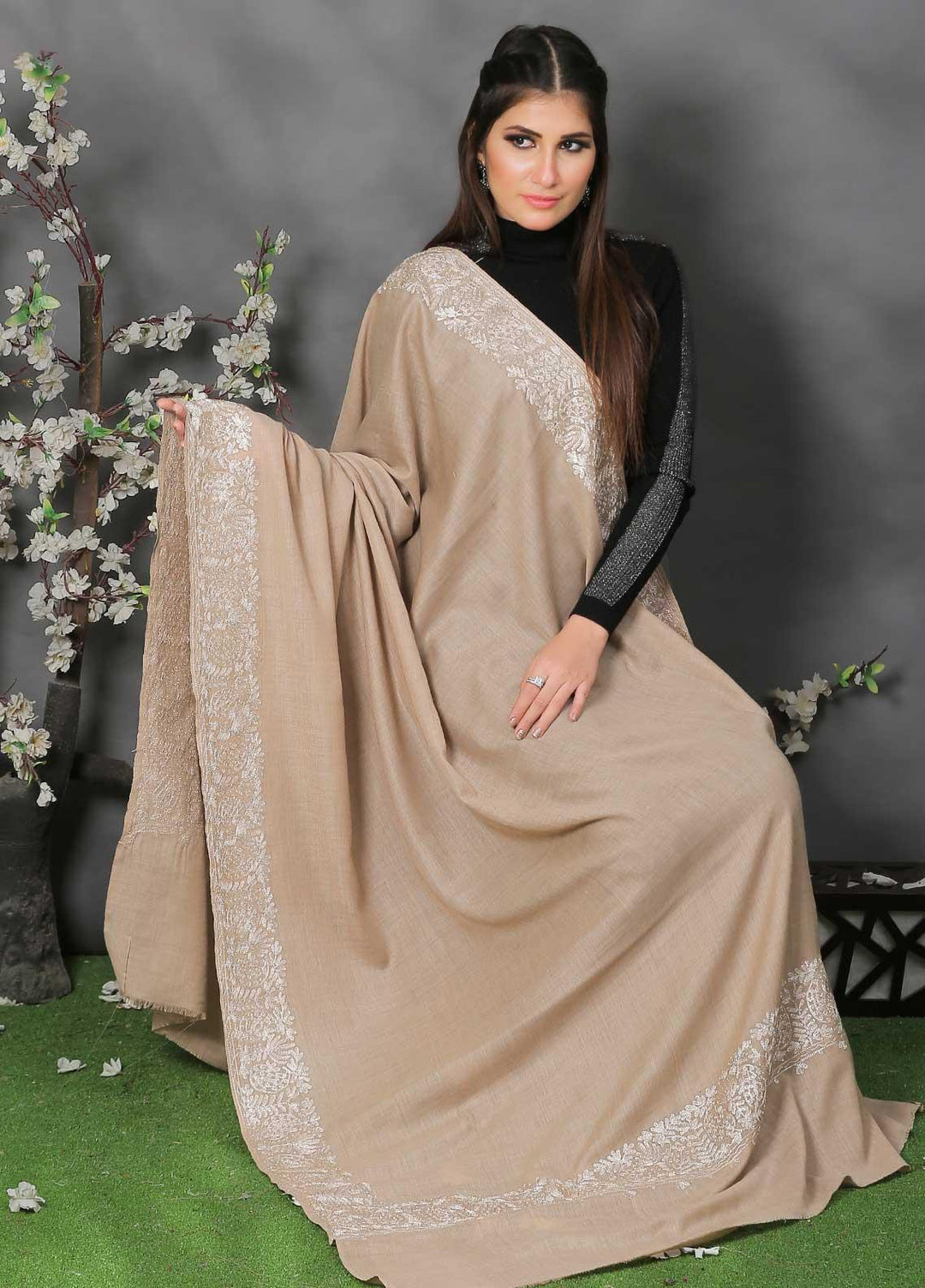 Sanaulla Exclusive Range Pashmina Shawl SU21PP MIR-514-Brown Pure Pashmina Shawls