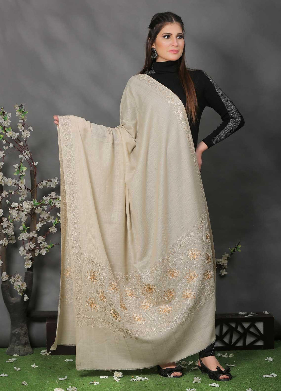 Sanaulla Exclusive Range Pashmina Shawl SU21PP MIR-518-Beige2 Pure Pashmina Shawls