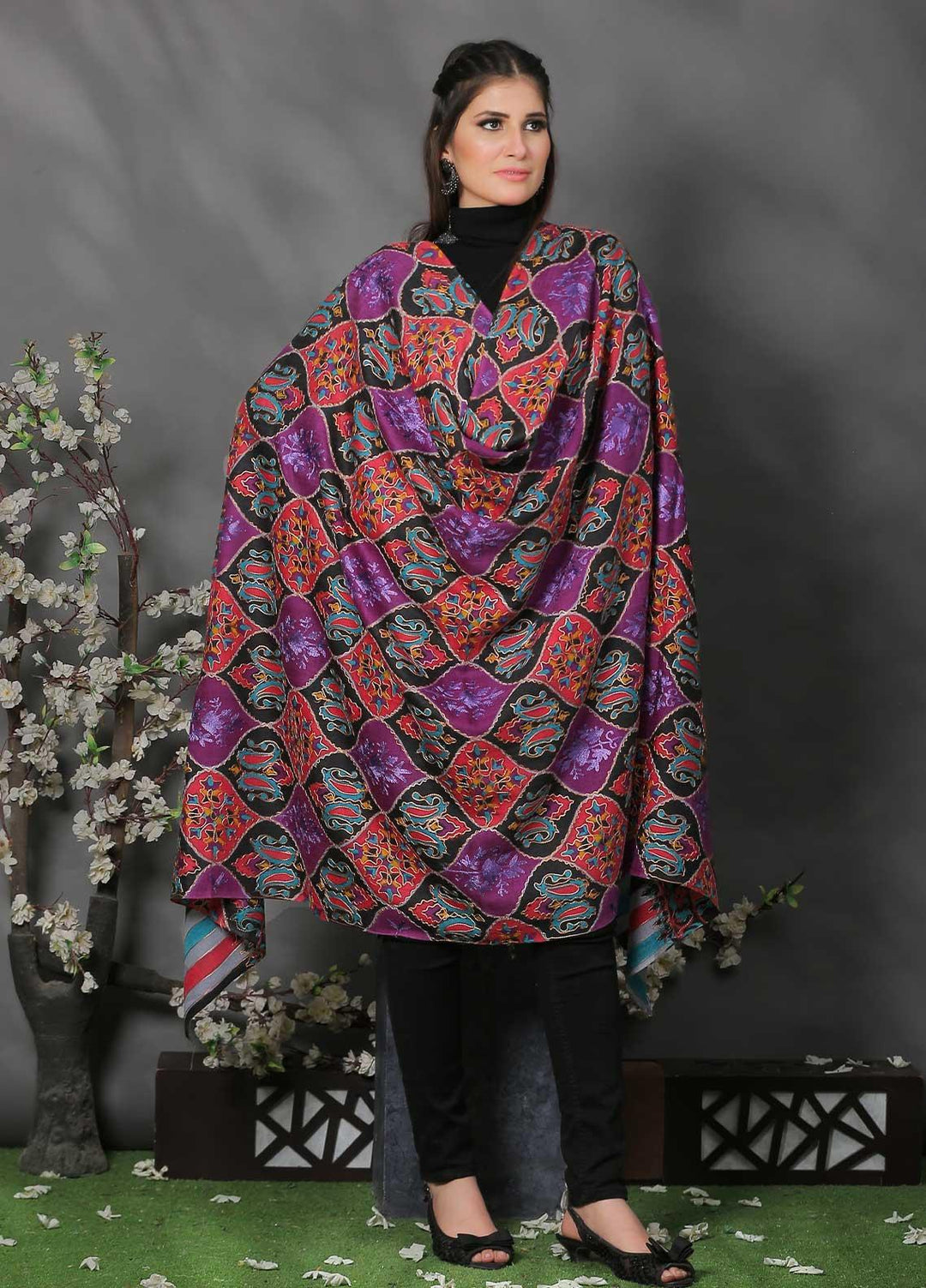 Sanaulla Exclusive Range Pashmina Shawl SU21PP MIR-608-Multi2 Pure Pashmina Shawls