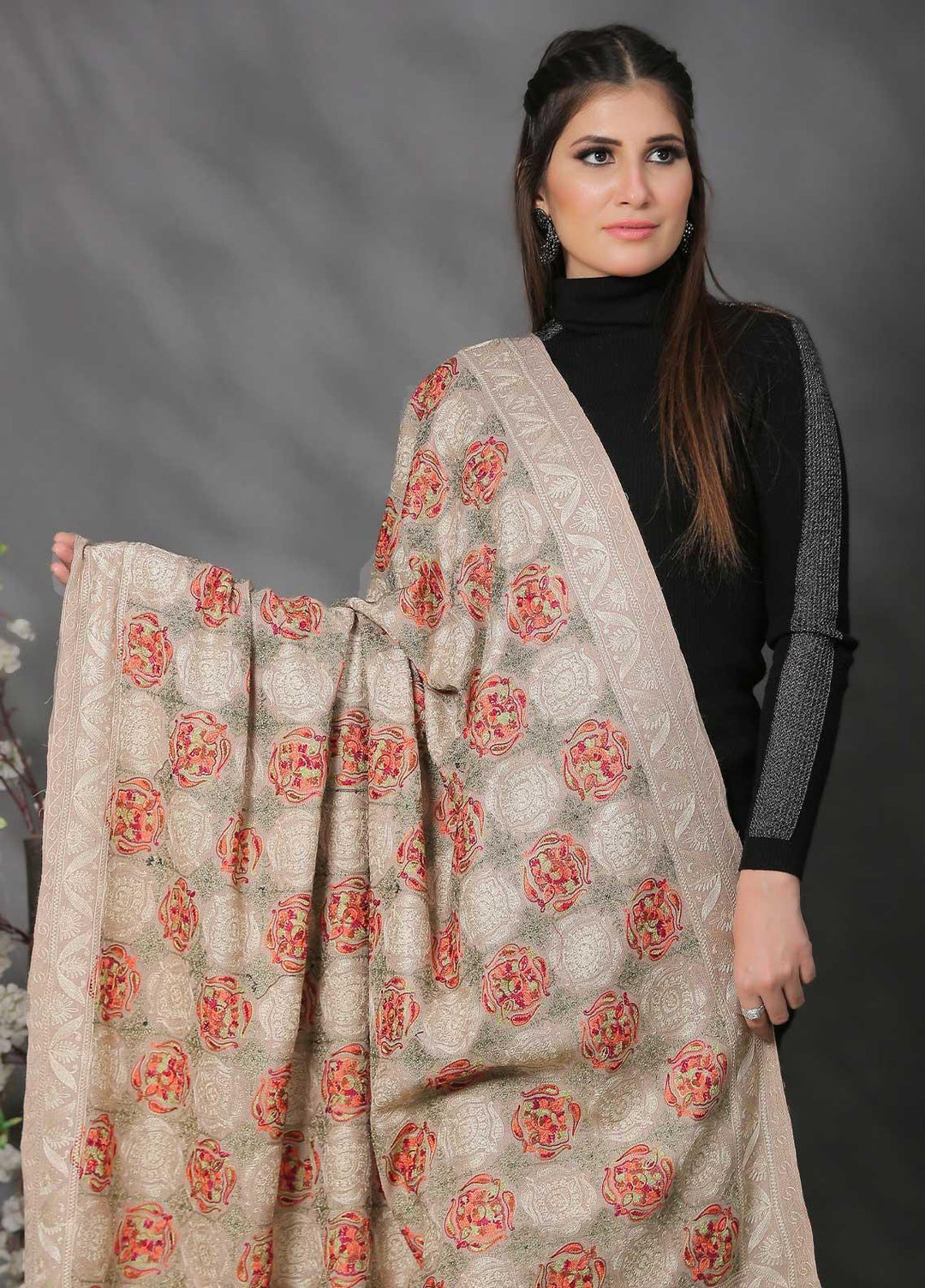 Sanaulla Exclusive Range Pashmina Shawl SU21PP AKP-02 Fawn-2 Pure Pashmina Shawls