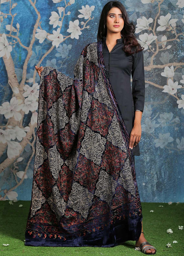 Sanaulla Exclusive Range Embroidered Pashmina  Shawl AKP-03 Blue-1 - Pashmina Shawls