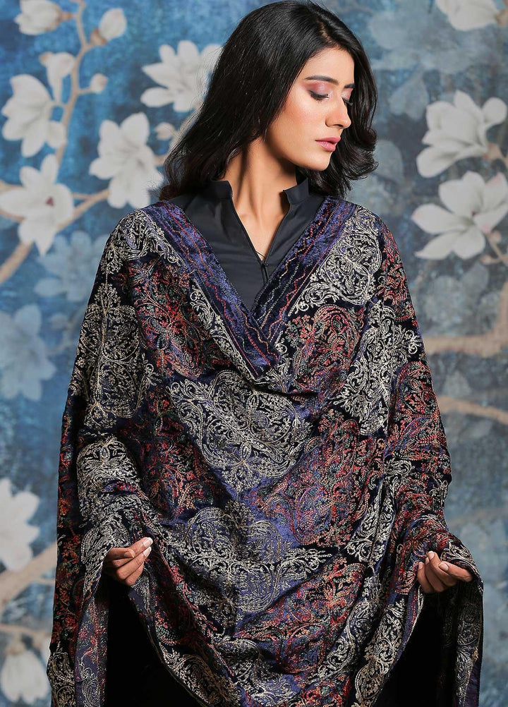 Sanaulla Exclusive Range Embroidered Pashmina  Shawl AKP-03 Blue-1 - Pashmina Shawls