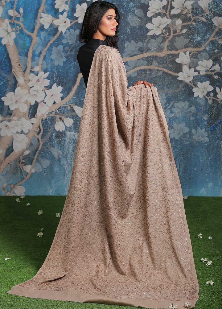 Sanaulla Exclusive Range Embroidered Pashmina  Shawl AKP-11 Fawn-5 - Pashmina Shawls