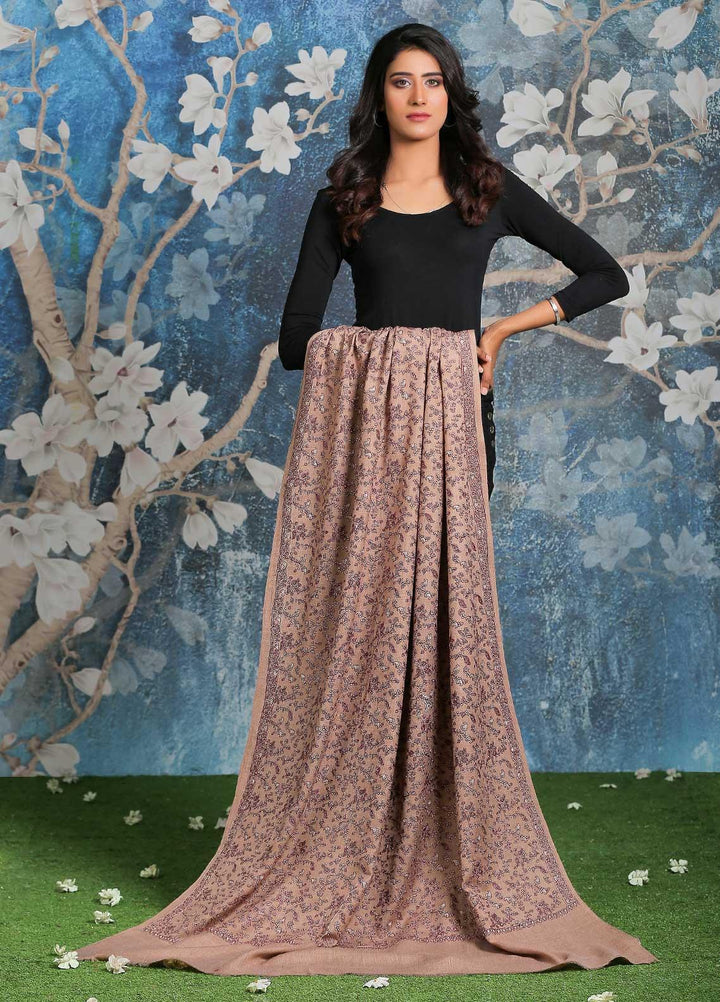 Sanaulla Exclusive Range Embroidered Pashmina  Shawl AKP-11 Fawn-7 - Pashmina Shawls