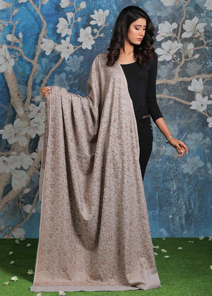 Sanaulla Exclusive Range Embroidered Pashmina  Shawl AKP-11 Grey-1 - Pashmina Shawls