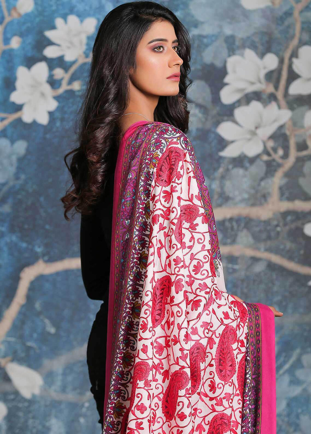 Sanaulla Exclusive Range Embroidered Pashmina  Shawl AKP-21 Pink - Pashmina Shawls