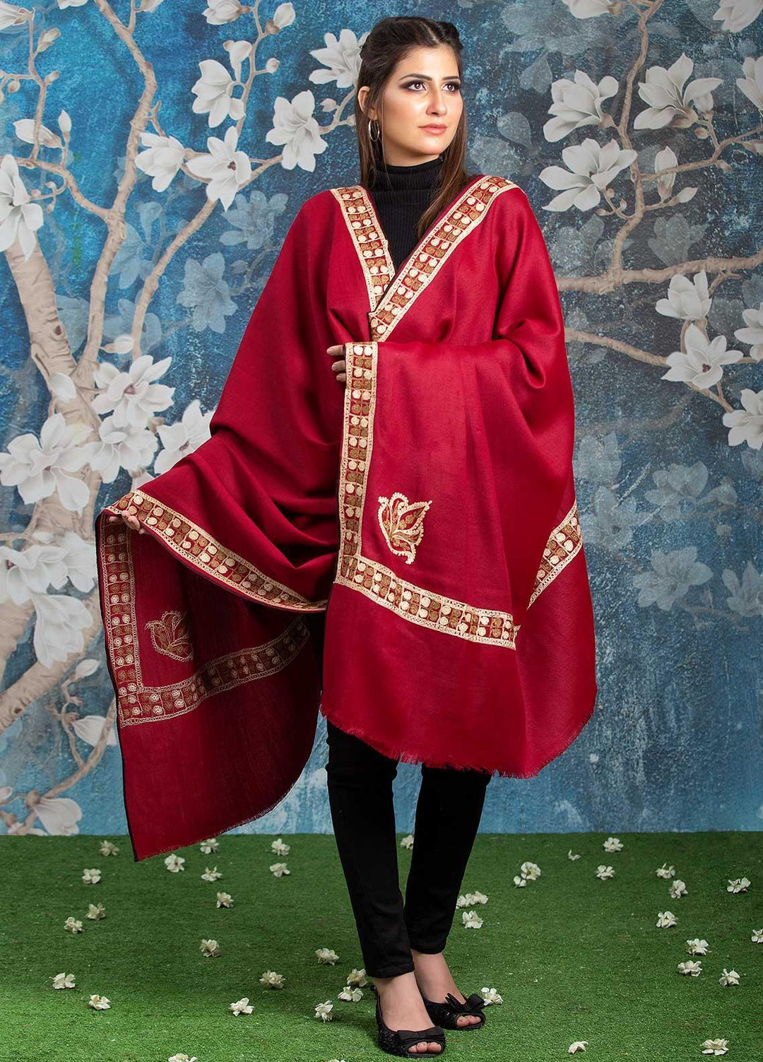 Sanaulla Exclusive Range Embroidered Pashmina  Shawl MIR-10 Red - Pashmina Shawls